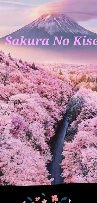 Cherry blossoms with mountain backdrop in serene mobile wallpaper.