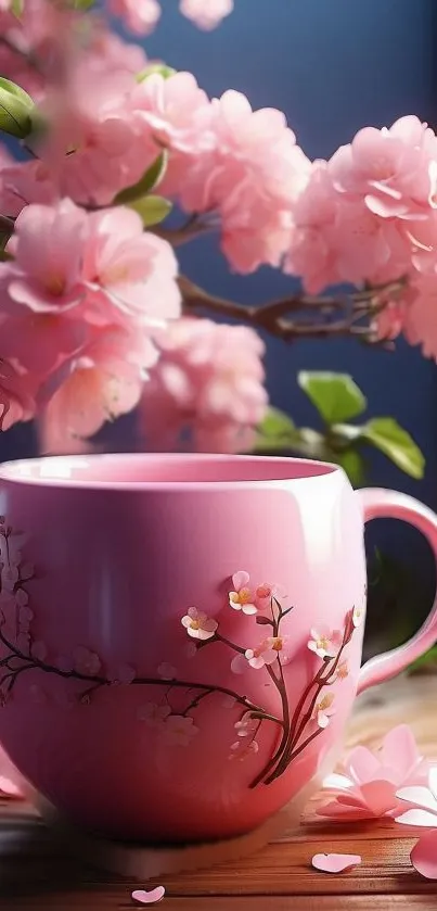 Pink mug with cherry blossoms and flowers.