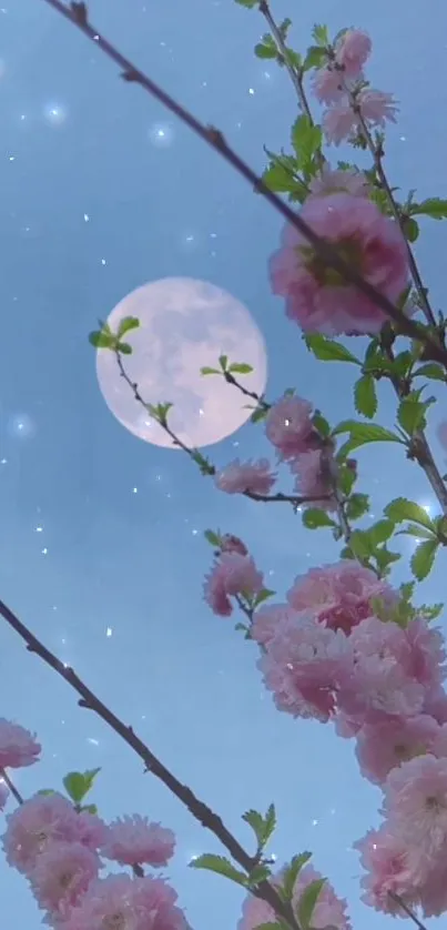 Cherry blossoms under a starry night sky highlighted by a glowing moon.