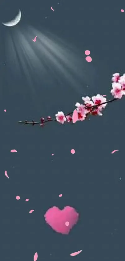 Cherry blossom branch with moonlit sky and heart.