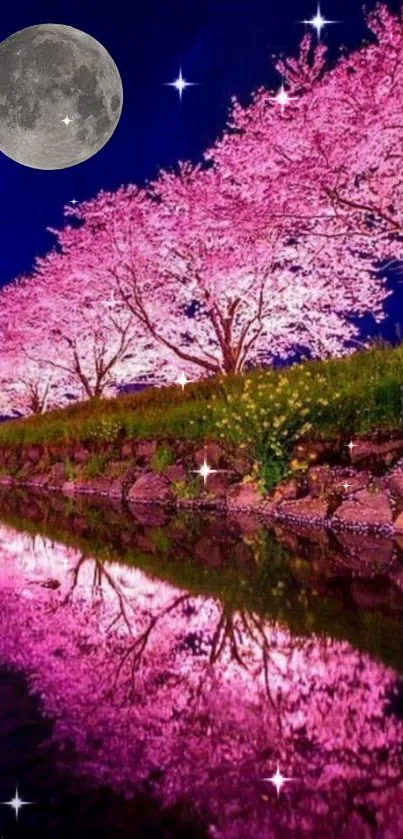 Pink cherry blossoms under a moonlit starry night sky with reflections in water.