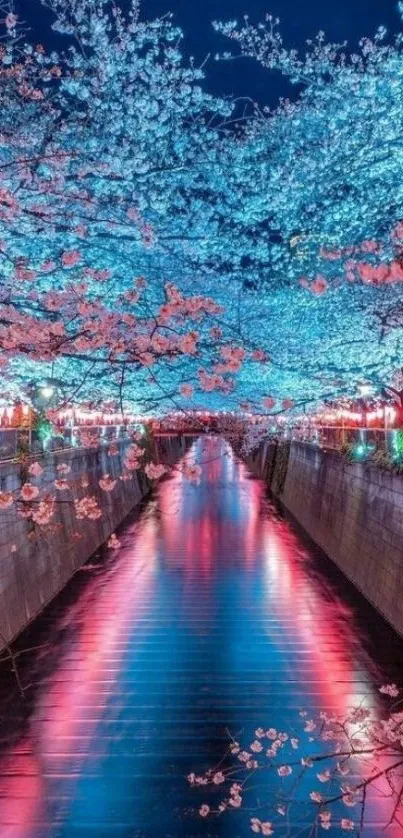 Enchanting cherry blossoms over a glowing canal at night.