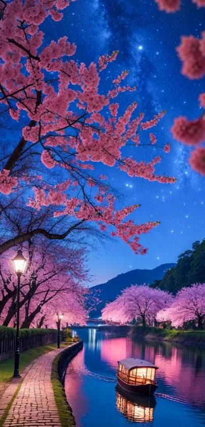 Cherry blossoms and starry sky reflected in river at night.
