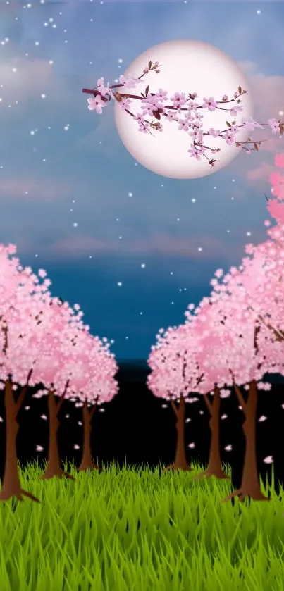 Cherry blossom trees under a full moon with a grassy path.