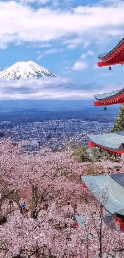 Serene pagoda with cherry blossoms and Mt. Fuji in the background.