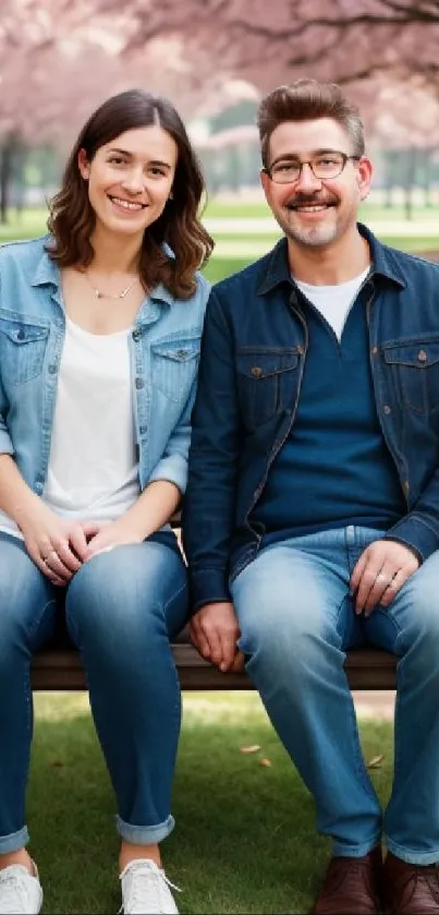 Couple on bench under cherry blossoms in a park, capturing springtime beauty.