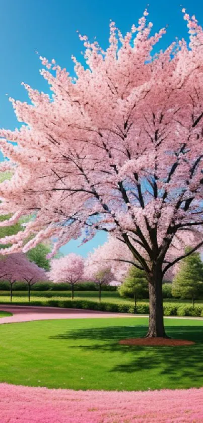 Beautiful cherry blossom tree in vibrant park setting.