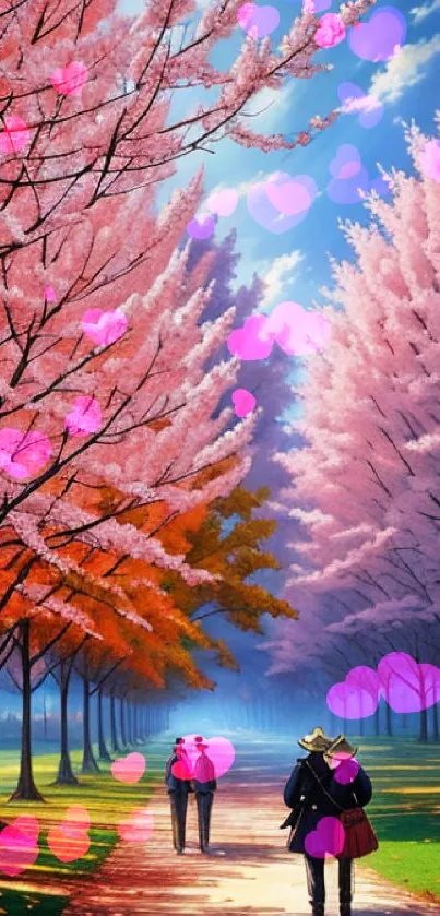 Pathway lined with vibrant pink cherry blossoms under a clear blue sky.