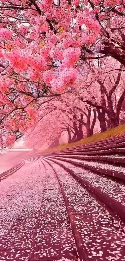 Cherry blossom pathway with pink sakura trees in full bloom.