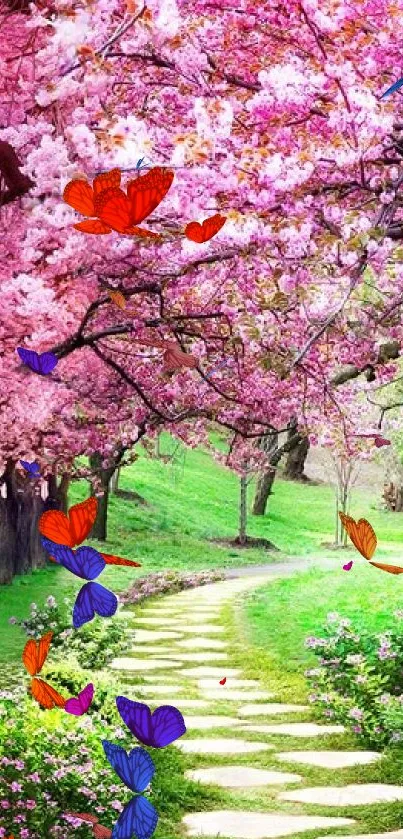 Cherry blossom pathway with pink trees and stone path in lush garden.