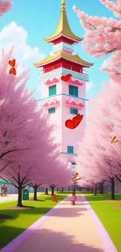 Mobile wallpaper of a sunny cherry blossom pathway with a pagoda in the background.