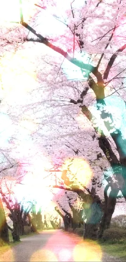 Scenic cherry blossom path with light pink flowers overhead.