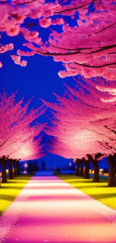 Enchanting cherry blossom pathway with vibrant pink trees under a blue sky.