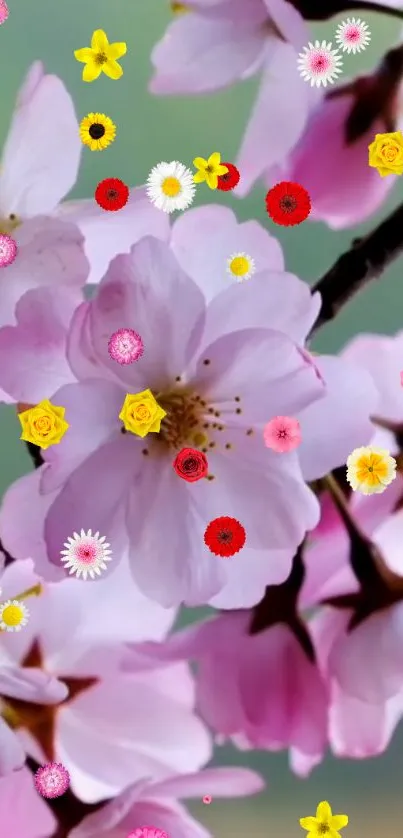 Pink cherry blossoms with colorful posies.