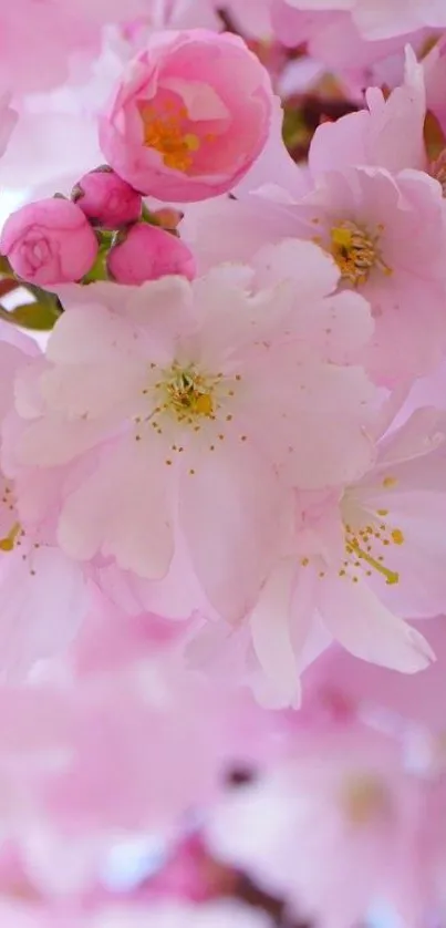 Delicate cherry blossoms in full bloom with soft pink petals.