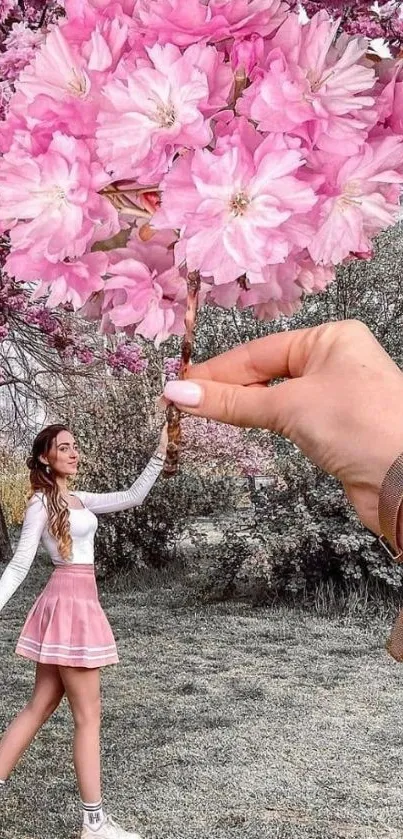 Pink cherry blossoms with hand in imaginative scene.