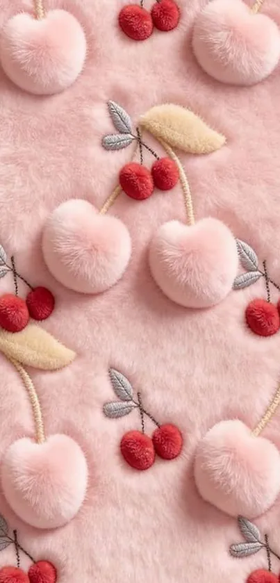 Plush cherry pattern on pink background wallpaper.