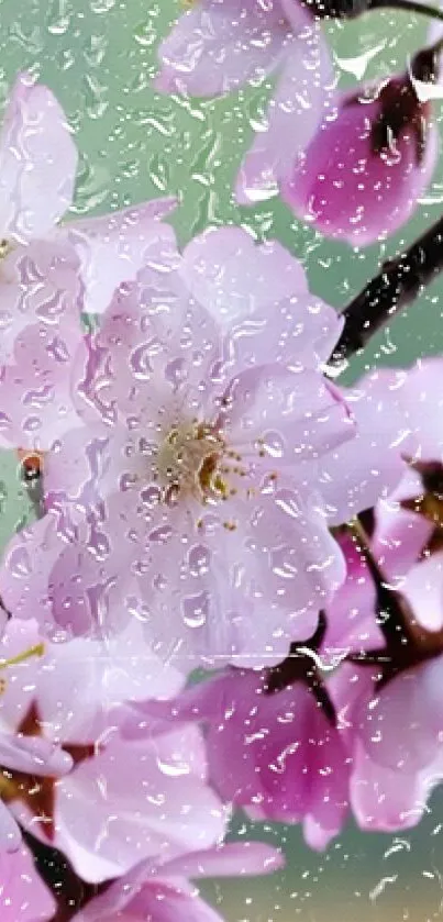 Pink cherry blossom wallpaper with raindrops