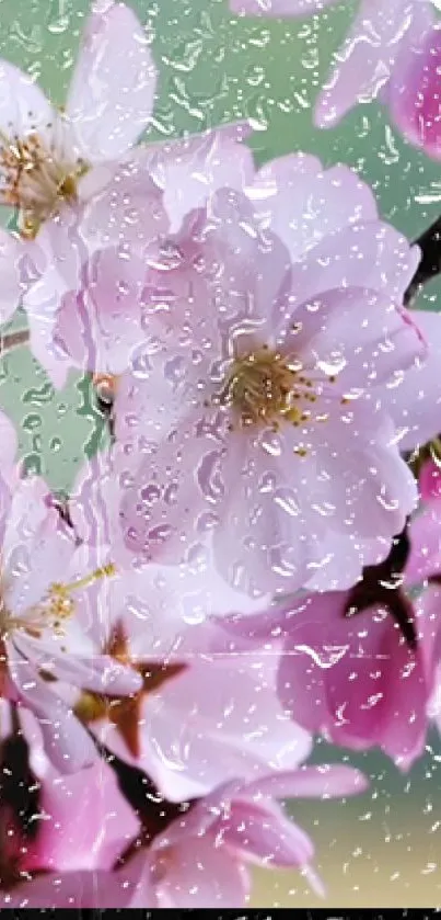 Raindrops on cherry blossoms create a serene mobile wallpaper.