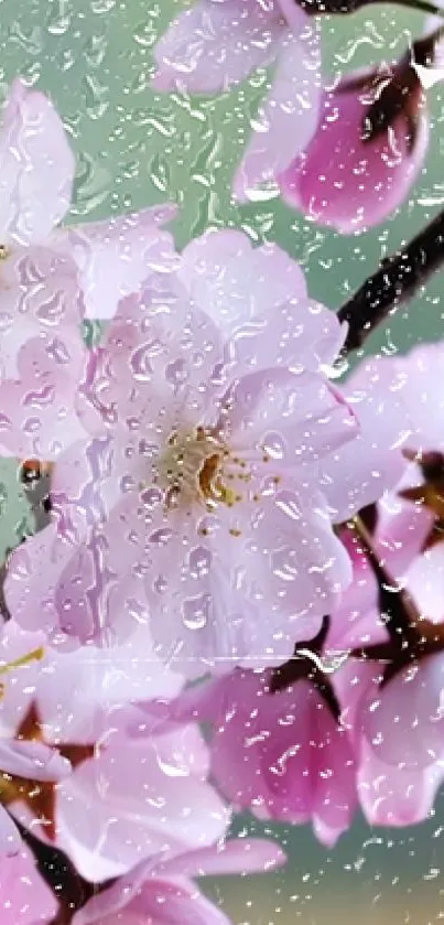 Cherry blossoms with raindrops on petals.