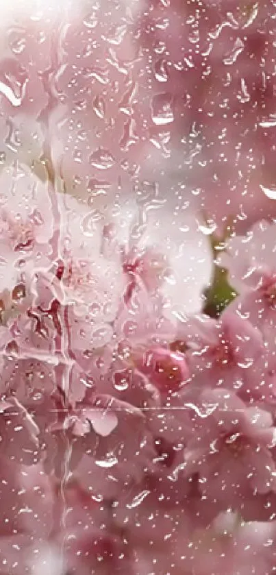 Pink cherry blossoms with raindrops on a mobile wallpaper.