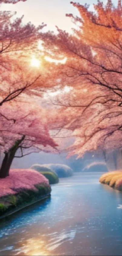 Cherry blossom trees over a serene river at sunrise, with pink hues and reflections.