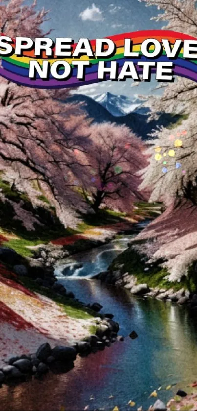 Cherry blossom river with 'Spread Love, Not Hate' text.