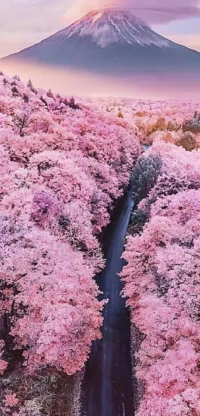 Cherry blossom road leading to a majestic mountain.