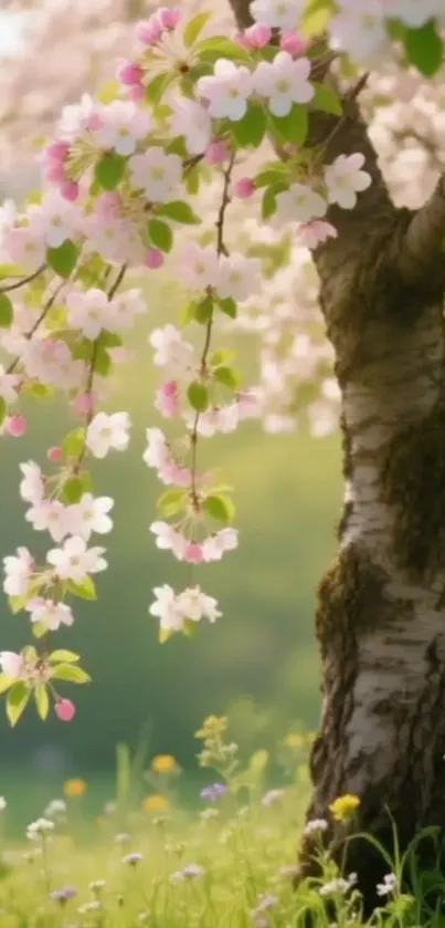 Cherry blossom tree in serene meadow.