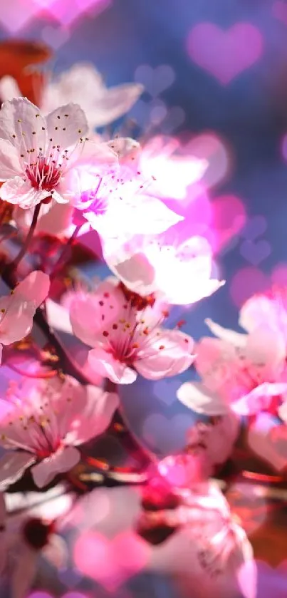 Cherry blossoms with pink petals and vibrant colors against a clear blue sky.