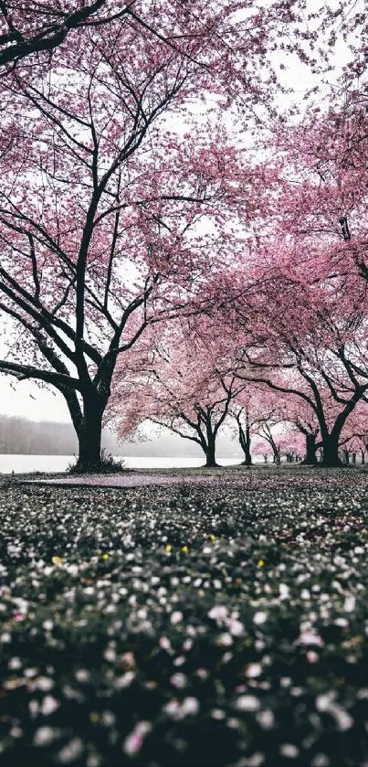 Cherry blossoms along a tranquil path, creating a serene and picturesque scene.