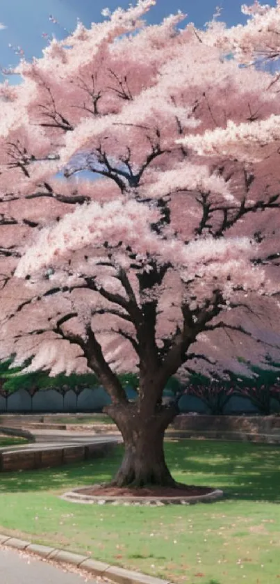 Cherry blossom tree with pink flowers in full bloom, set against a serene backdrop.