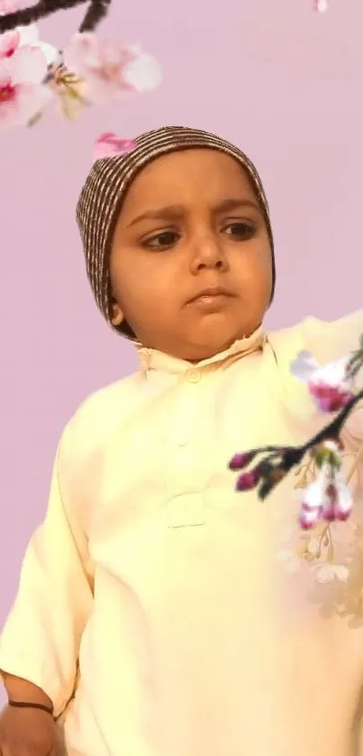 Child with cherry blossoms on a soft pink mobile wallpaper.