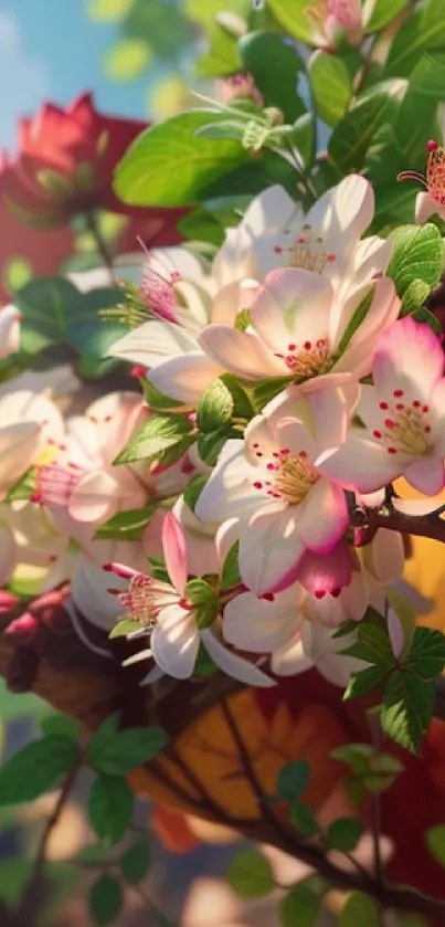 Cherry blossoms with leaves against a blue sky in a mobile wallpaper.