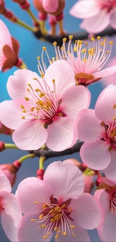 Cherry blossom flowers on a branch against a blue background.