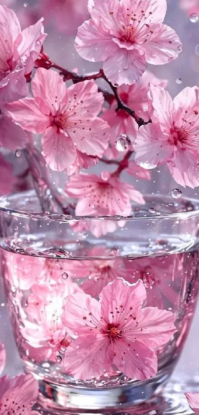 Cherry blossoms in a glass with water, evoking tranquility and natural beauty.