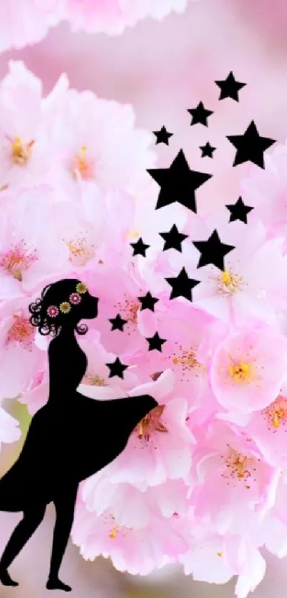 Cherry blossom wallpaper with silhouette and stars.
