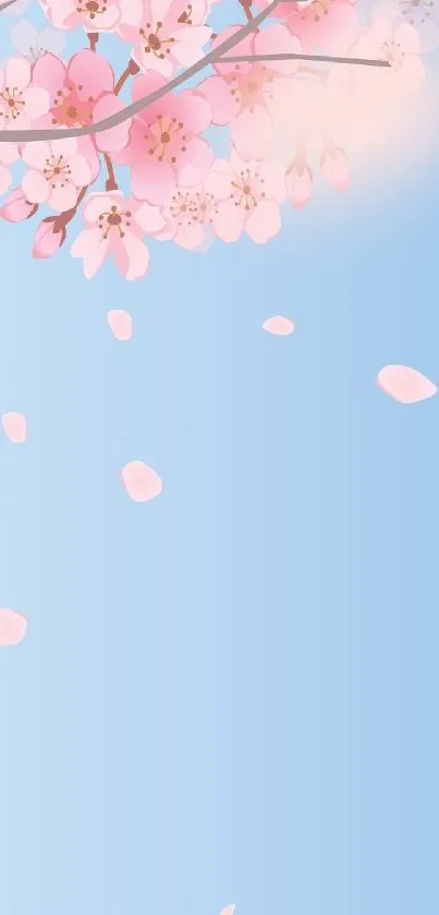 Cherry blossoms against a blue sky with falling petals, ideal for mobile backgrounds.