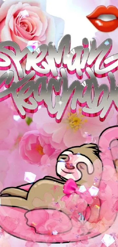 Pink cherry blossoms with a sloth and graffiti art on a mobile wallpaper.