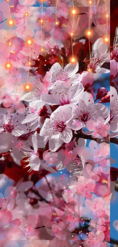 Vibrant cherry blossom wallpaper with sparkling effects enhancing natural beauty.