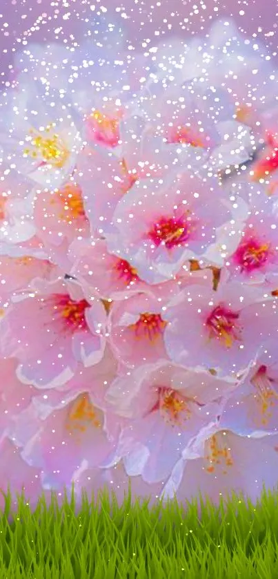 Cherry blossom flowers with gentle snowflakes and green grass.