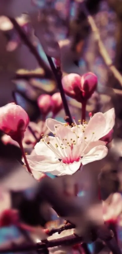 Cherry blossom branches with pink flowers on a bright spring day.