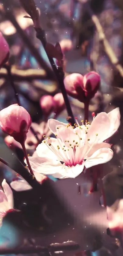 Cherry blossom with pink flowers on a serene spring background.