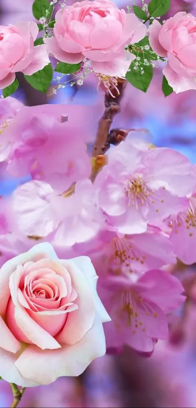 Cherry blossom branches with pink flowers against a blue sky.
