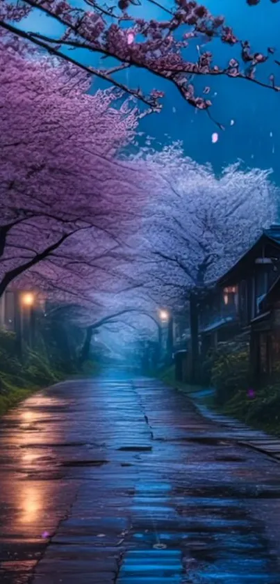 Serene cherry blossom street at night.