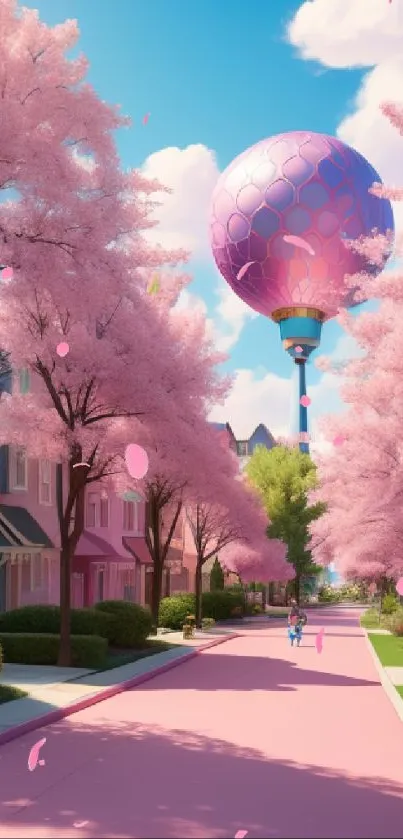 Colorful street with cherry blossoms and a hot air balloon under a blue sky.