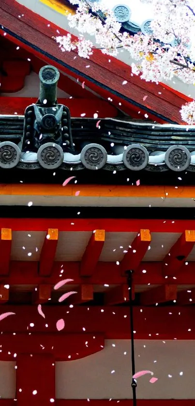 Japanese temple roof with cherry blossoms and snowflakes.