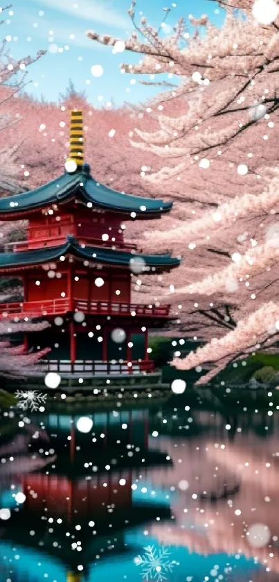 Cherry blossom trees and a red temple reflected in a calm pond.