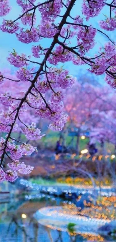 Cherry blossoms over a serene river landscape.