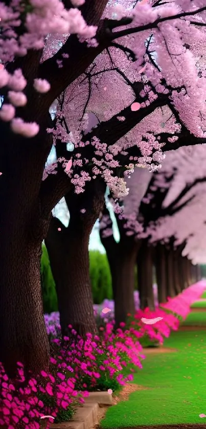 Pathway lined with cherry blossom trees and vibrant pink blooms.